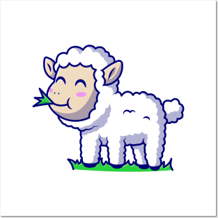 Cute Sheep Eating Grass Cartoon Vector Icon Illustration Posters and Art